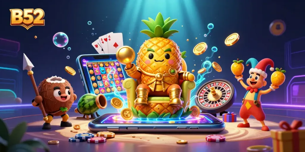 B52 players engaging in exciting slot gameplay with vibrant characters and rich casino elements