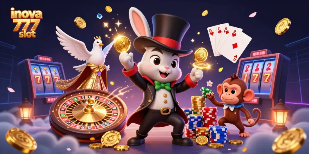 Experience the thrill of inova 777 slot with a lively 3D scene, featuring a magician rabbit, dove, and monkey amidst a cascade of coins and gems.