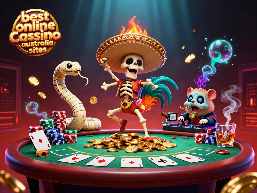 Engage with the best online casino Australia sites featuring a festive 3D illustration of vibrant characters amidst poker elements.