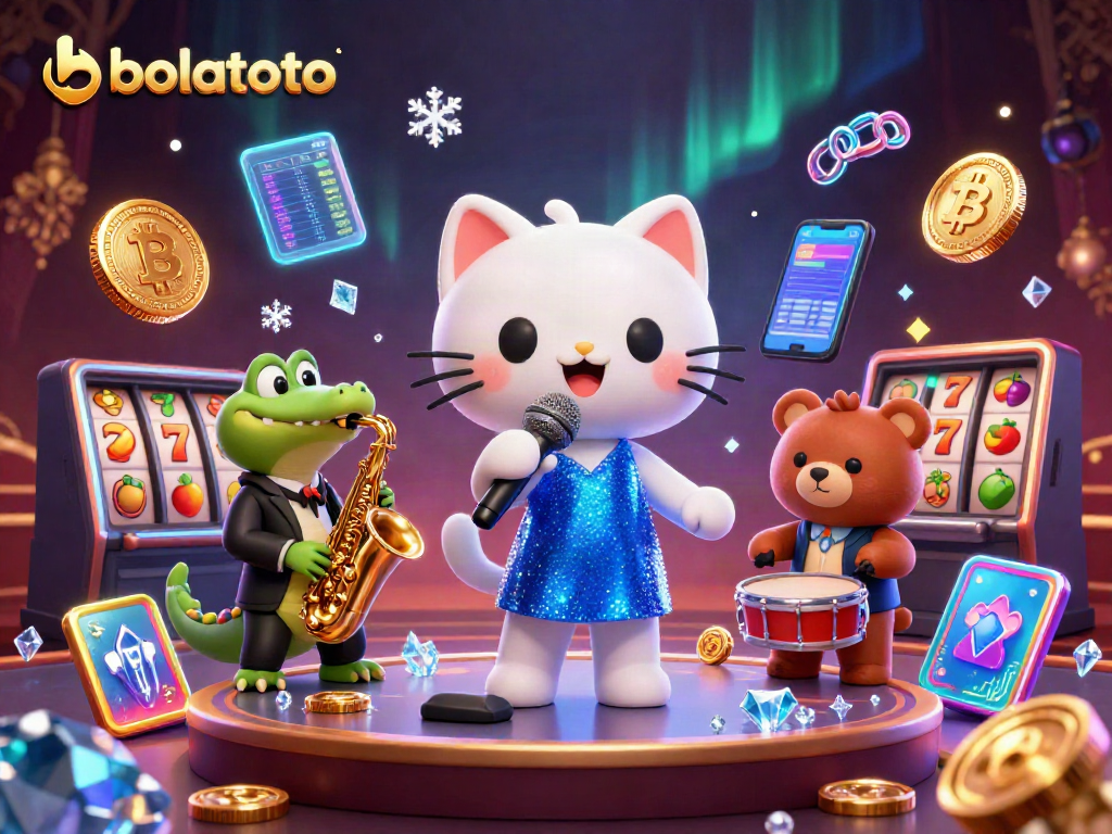 Join the fun at bolatoto with a colorful casino scene featuring a singing cat, saxophone crocodile, and drum-playing bear.