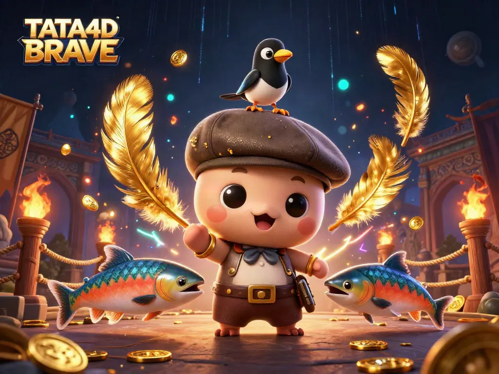 TATA4D BRAVE showcases playful cartoon characters within a vibrant casino scene full of gold coins and immersive gaming elements.