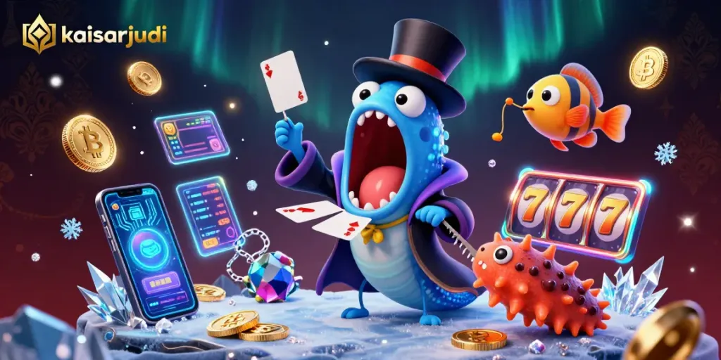 Kaisarjudi illustrates a bioluminescent eel magician performing card tricks surrounded by crypto elements.