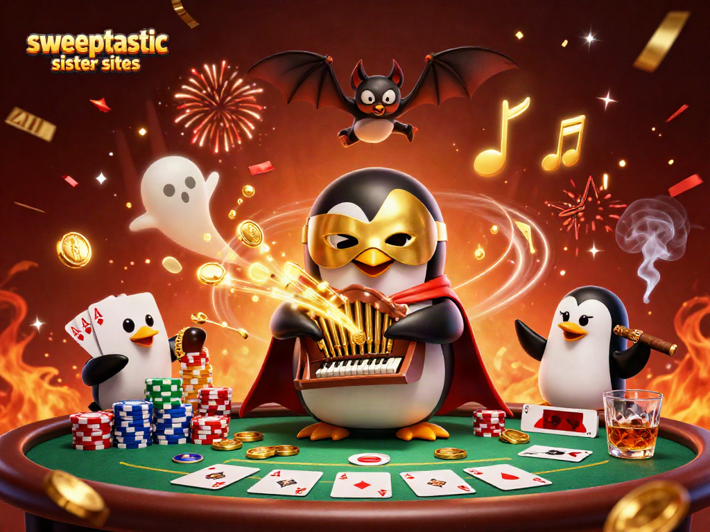 Sweeptastic sister sites showcase vibrant casino gaming action with a phantom opera penguin.
