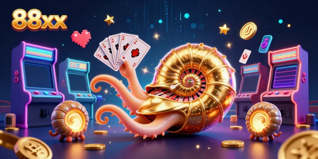 Experience the excitement of casino gaming at 88xx with vibrant 3D illustrations of an ancient nautilus and glowing arcade elements.