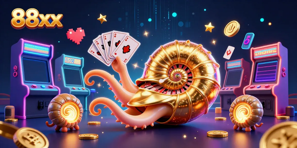Experience the excitement of casino gaming at 88xx with vibrant 3D illustrations of an ancient nautilus and glowing arcade elements.