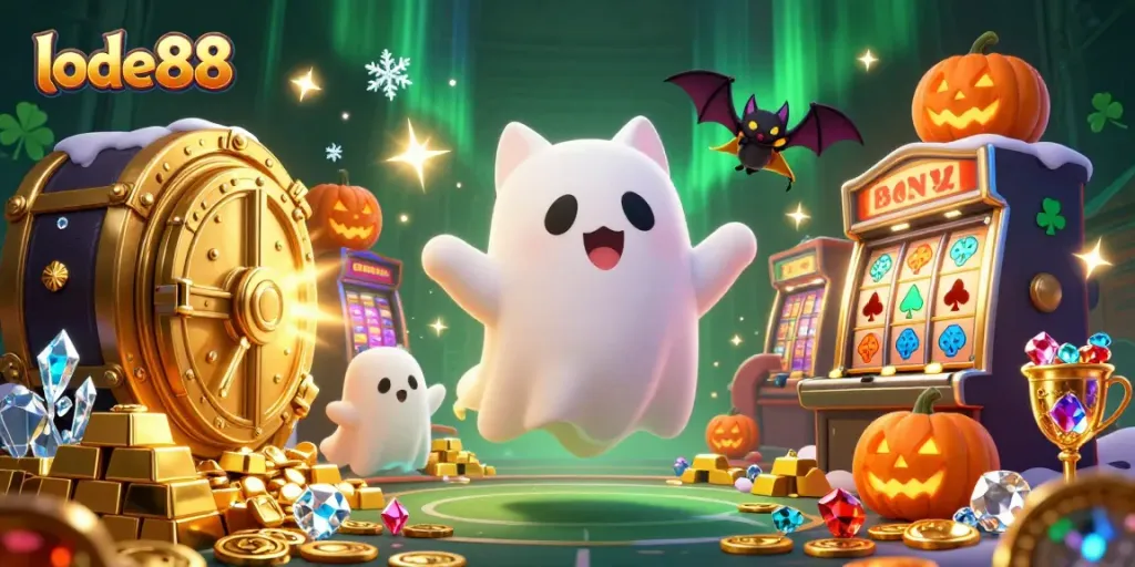 Spin winning reels with lode88, a playful ghost cat and a vampire bat in a shimmering casino scene