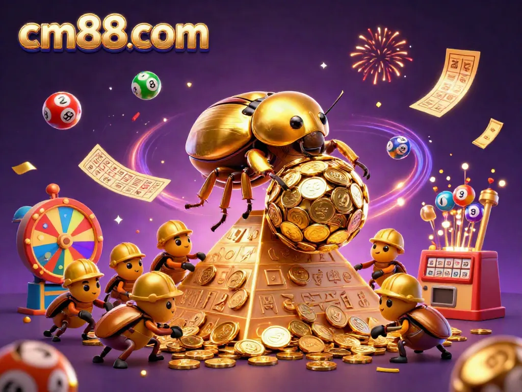 Experience the excitement of cm88com with a vivid scene of golden beetles and dynamic gambling elements.