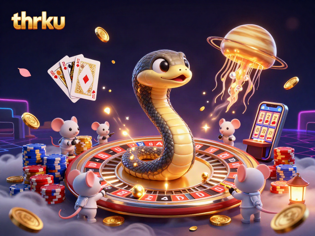 Experience thrilling gameplay at thrku with vibrant illustrations of casino elements and characters engaging in 3D action.