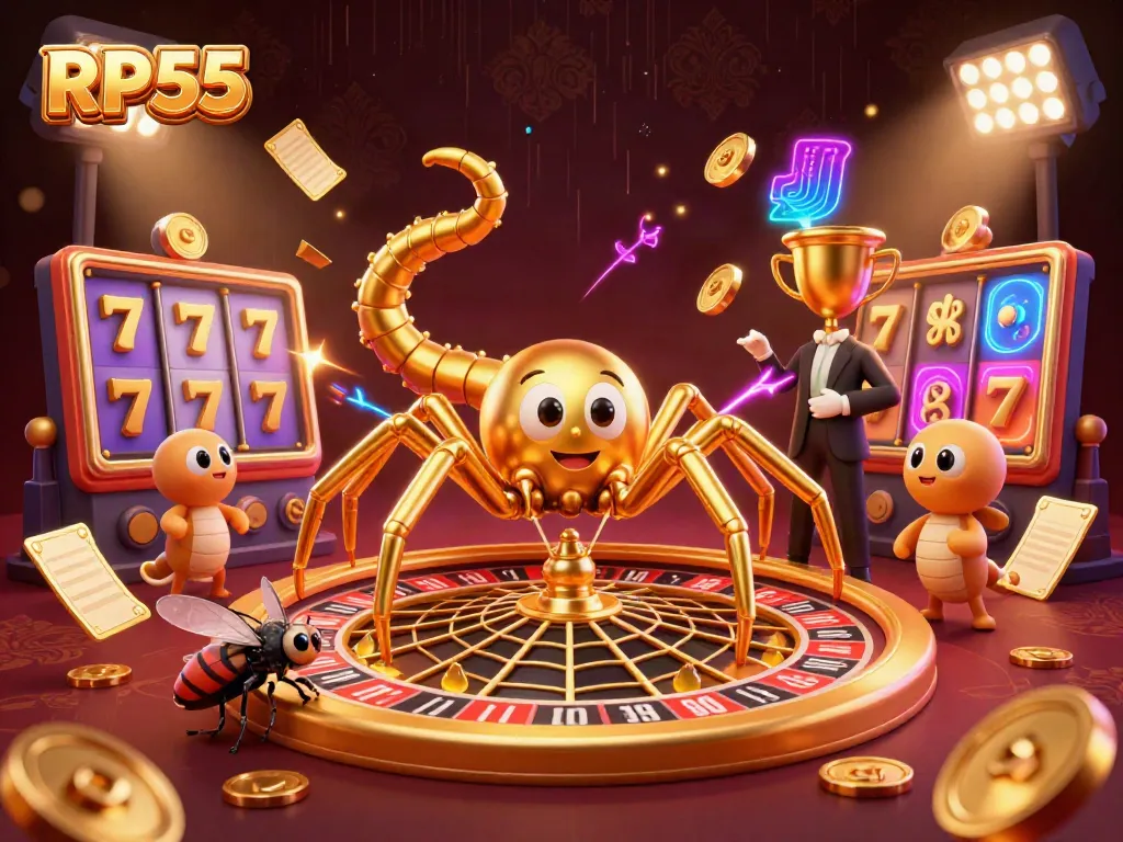 RP55 players bet nervously as a spider spins a roulette-shaped web, showcasing vibrant casino elements.