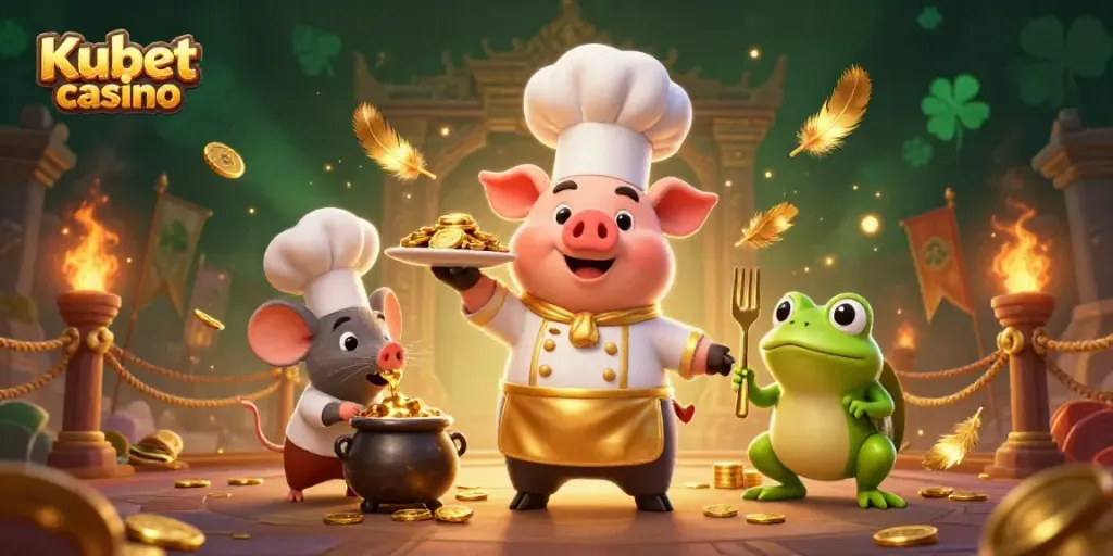 Experience the vibrant world of Kubet casino with a 3D chef pig serving gold coins and playful characters.