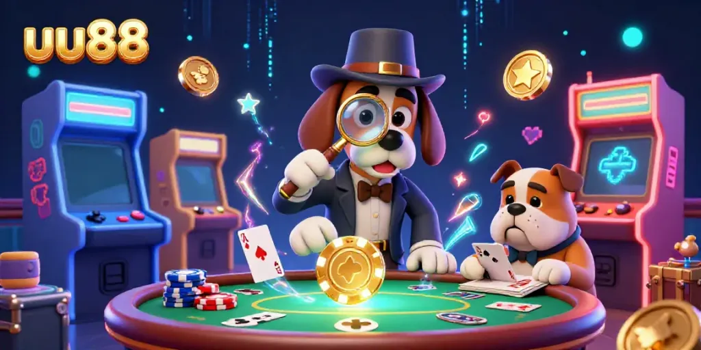 Experience thrilling gaming with the uu88 brand as a bloodhound detective investigates poker clues.