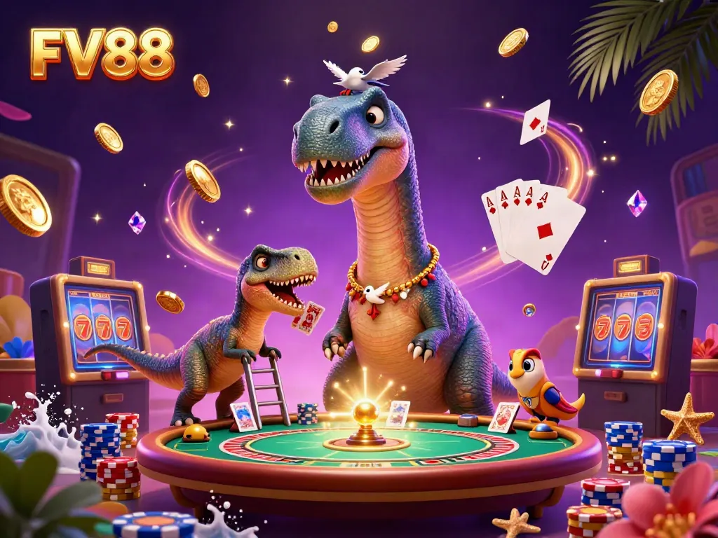 Experience FV88's rich casino environment with a giant brontosaurus and raptor dealing cards.