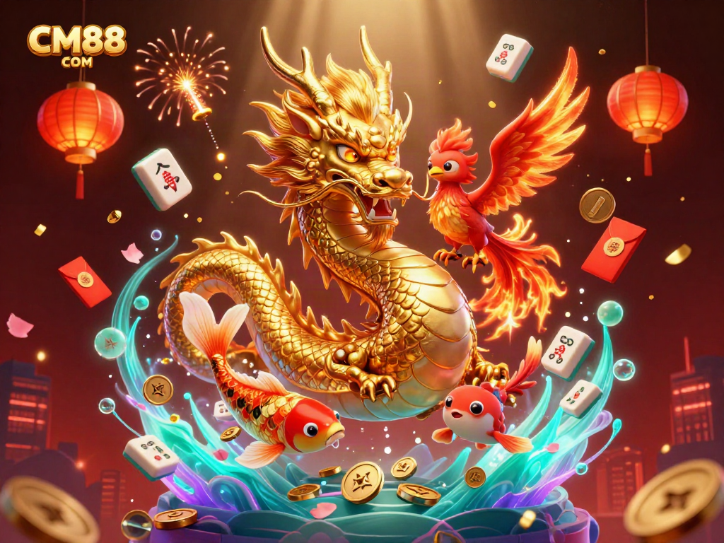 Engage with the vibrant world of CM88 COM, showcasing a fierce dragon, phoenix, and koi fish in action.