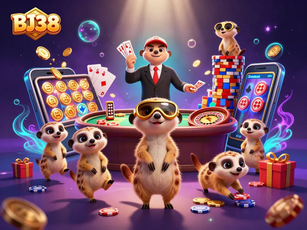 Experience the excitement at BJ38 with meerkats operating a vibrant casino, mingling casino elements creatively.