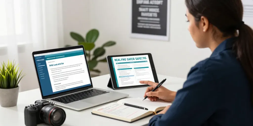 Business professional studying NVQ Level 6 in Saudi Arabia with laptop and course materials in bright workspace.