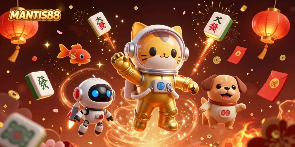 MANTIS88 presents a vibrant 3D illustration of a space cat and robot dog in a casino-themed cosmos, embodying playful gambling excitement.