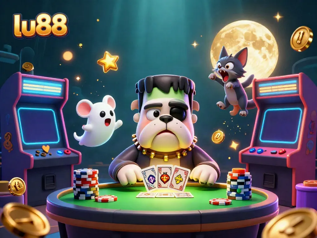Experience thrilling gameplay at lu88 with a Frankenstein bulldog dealing cards in a vivid casino scene.