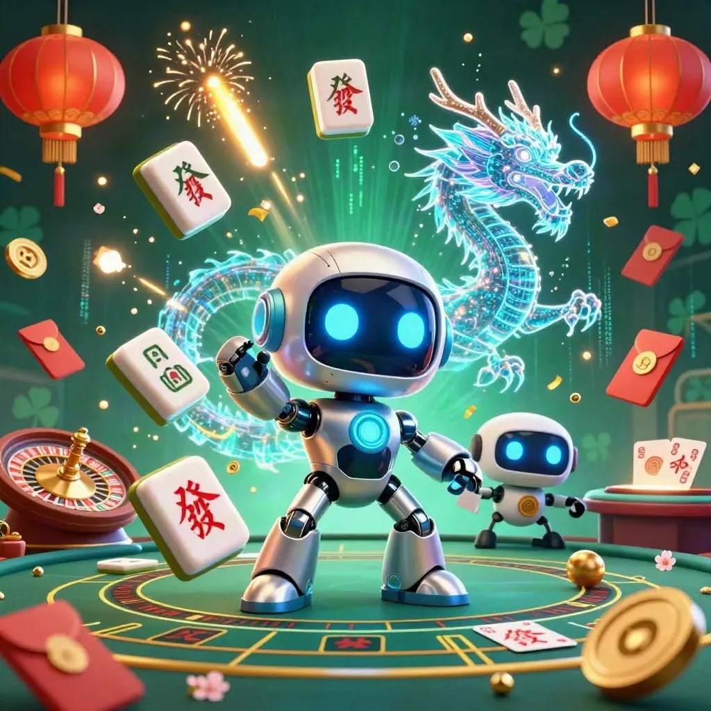 Chrome robot, holographic dragon and coin drone amid casino props, neon bolts, emerald-black background.