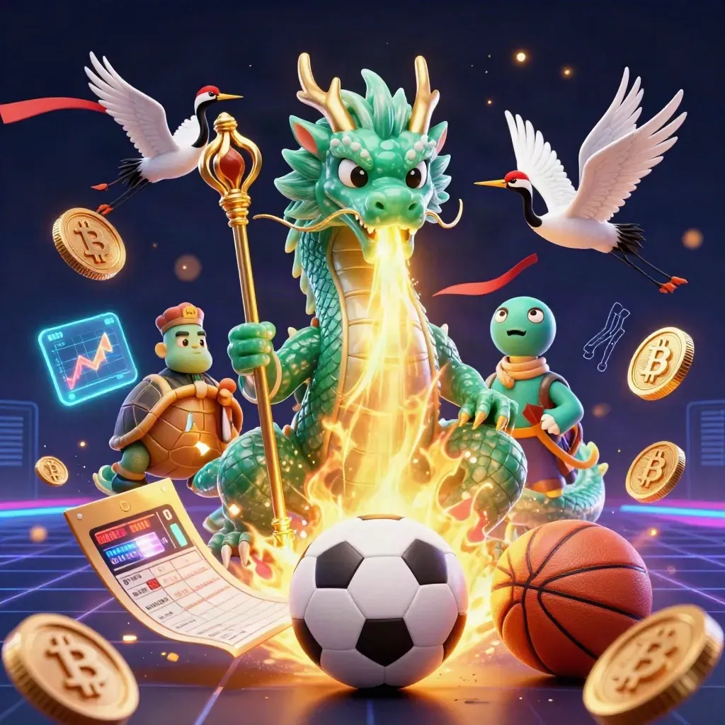 Emerald dragon, turtle sage and cranes amid casino sports icons, gold fire and neon grid.