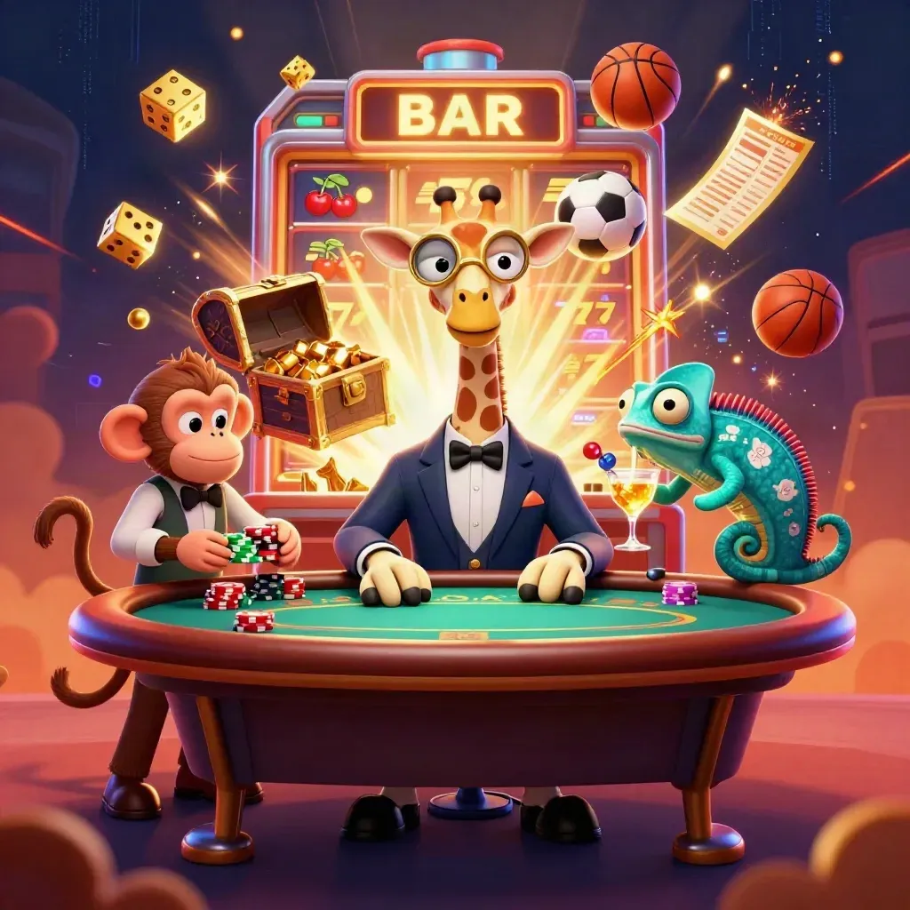 Giraffe, monkey and chameleon at a dockside VIP table amid slot bursts, dice and sports balls.