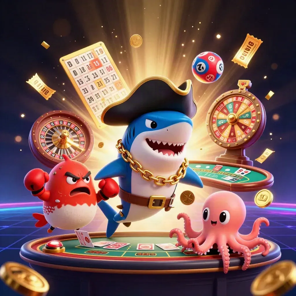 Shark pirate, red pufferfish and baby octopus amid casino treasures and neon lights.