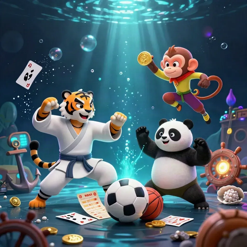 Tiger, panda, and monkey in a glowing underwater treasure cove with a flying soccer ball and casino gold.
