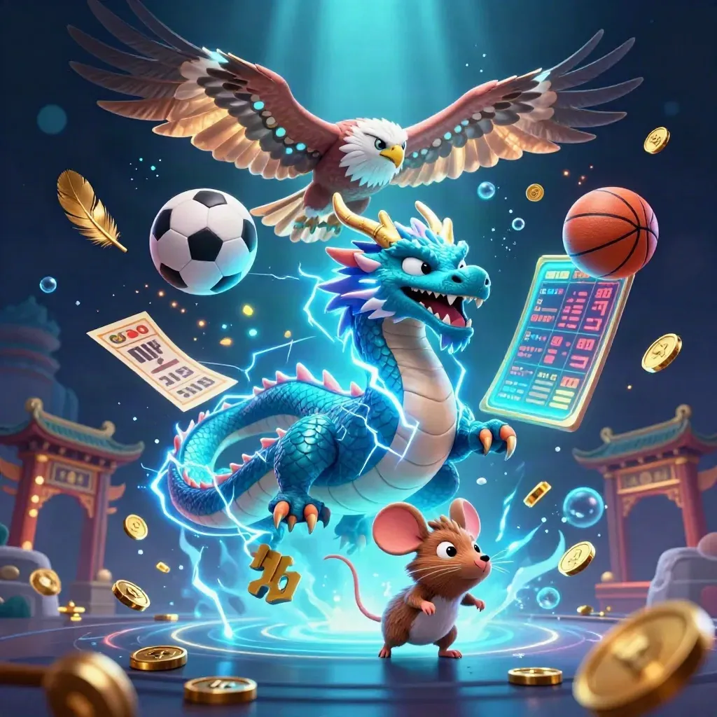 Thunder dragon, glowing hawk and static mouse amid casino sports icons and gold coins.
