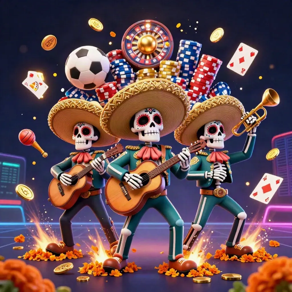 Skeleton mariachi trio amid coins, roulette wheel, cards, chips, and sports props in neon casino glow.