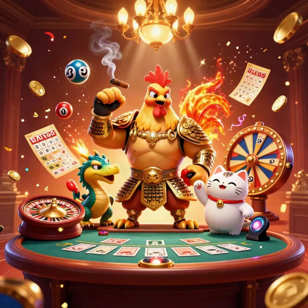 Rooster warrior, dragon hatchling, and fortune-cat in a glowing casino scene with roulette and confetti.