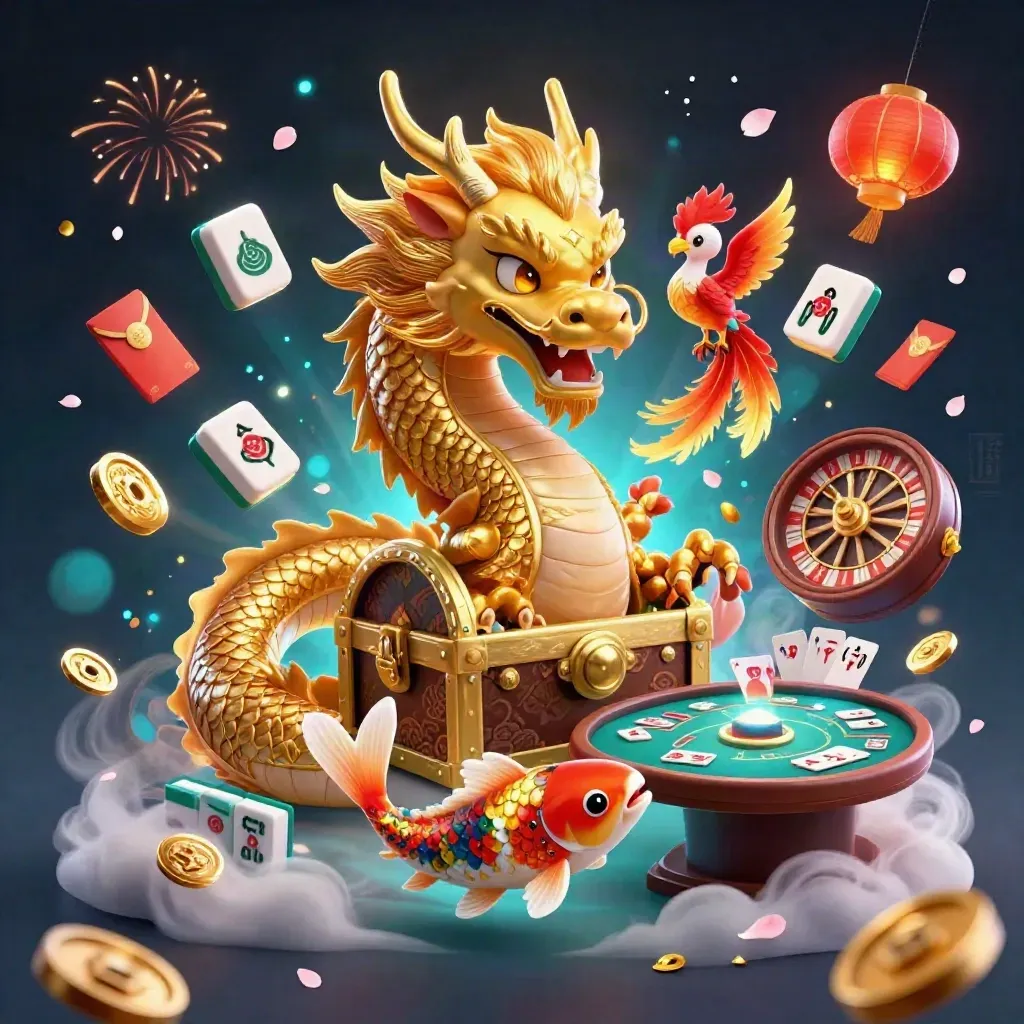 Golden dragon, phoenix, koi, and casino treasures in a glowing navy-teal luxury scene.