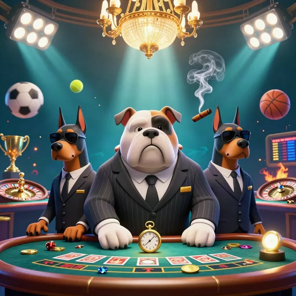 Bulldog boss and two Dobermans amid casino props, sports balls, gold, teal light, and smoke