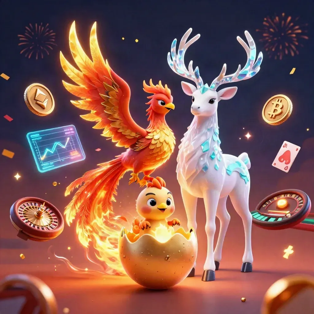 Phoenix, baby phoenix, and crystalline stag amid casino energy, coins, lightning, and fireworks.