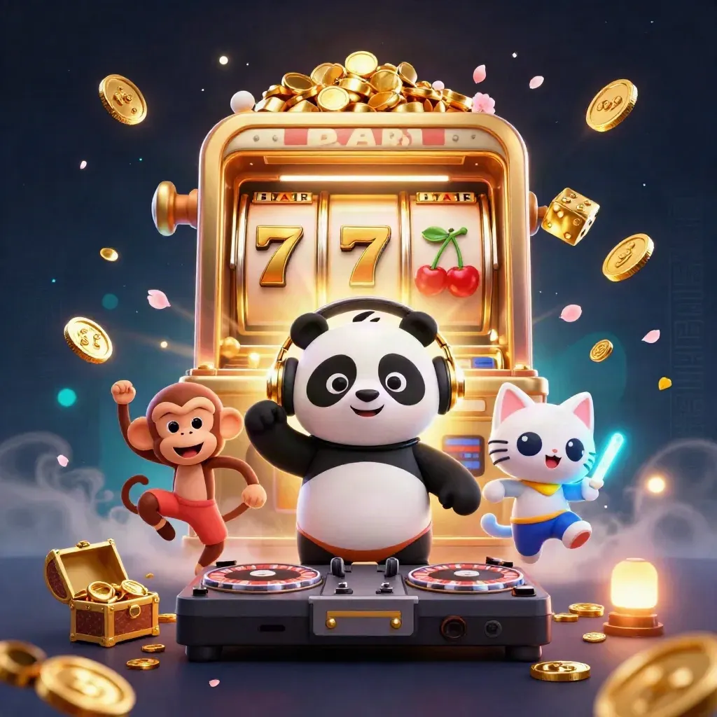 Panda DJ, monkey and glow kitten amid jackpot burst, gold coins, and treasure on a navy casino backdrop