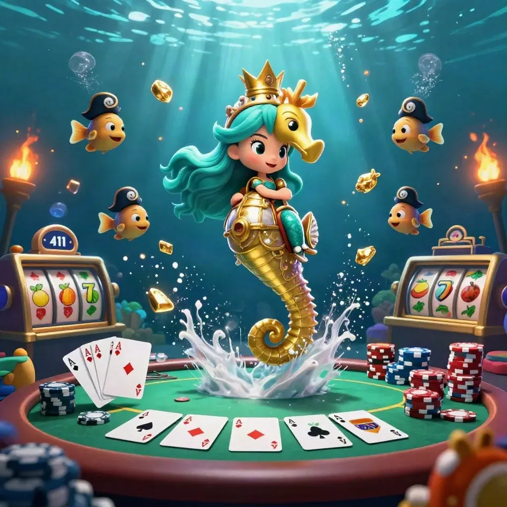 Mermaid princess on armored seahorse amid chips, cards, and glowing underwater treasure.
