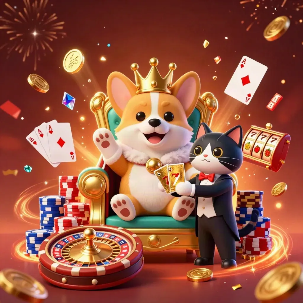 Crowned corgi and cat butler amid casino chips, coins, cards and glowing roulette energy.