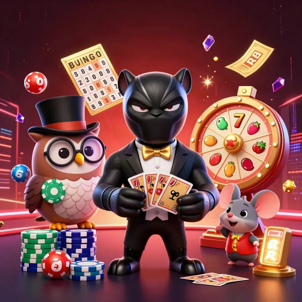 Black panther dealer, owl and mouse amid chips, reels, lottery balls and gold sparks.