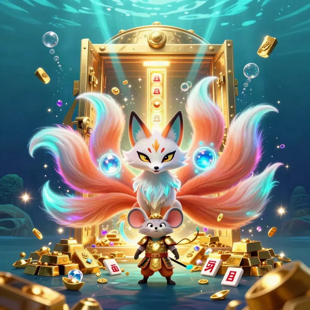 Neon fox spirit and armored mouse burst from a golden vault under teal underwater light.