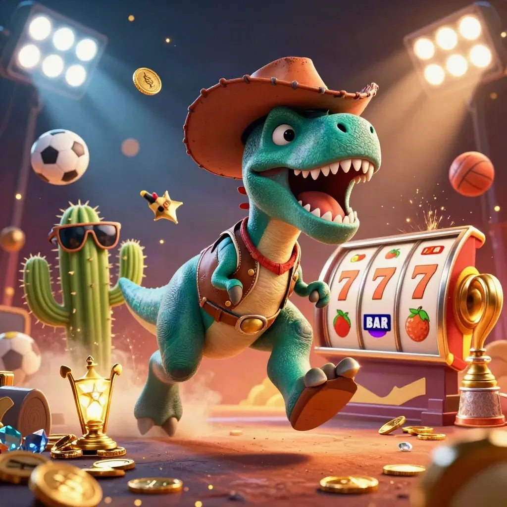 Cowboy T-Rex, cactus sidekick, and roadrunner burst through coins, balls, and neon casino effects.