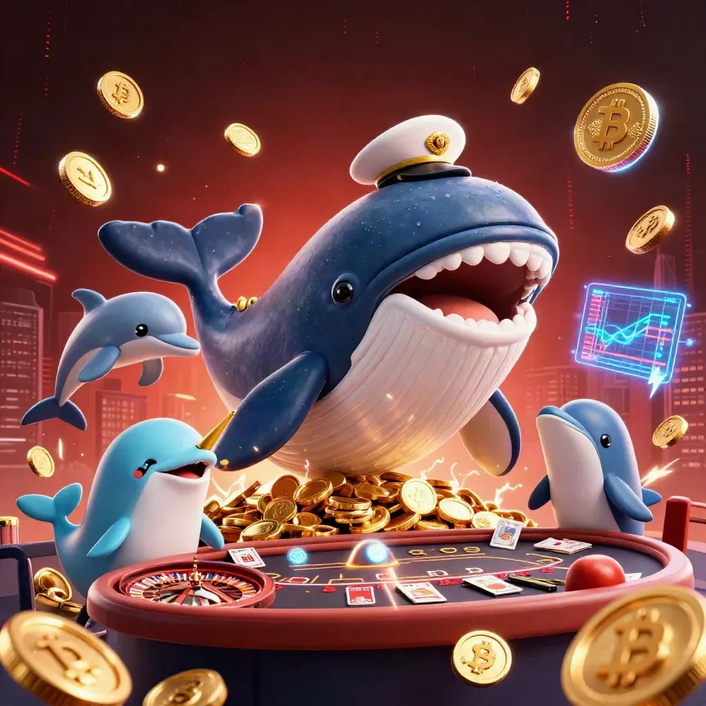 Whale captain, narwhal and dolphins burst from coins with roulette, cards and neon crypto effects.