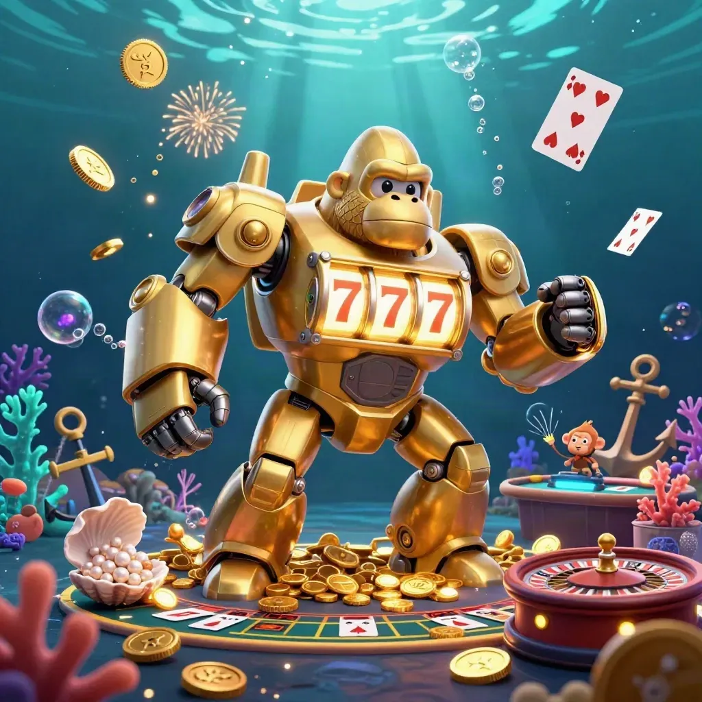 Golden gorilla mech and monkey pilot amid underwater casino treasure, coins, reels and glowing tables.