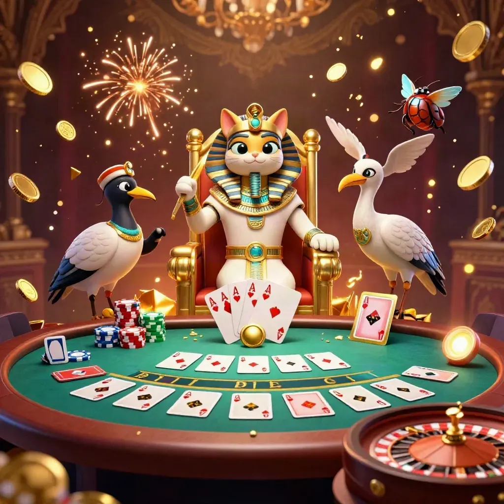 Pharaoh cat, ibis scribe and gem-winged scarabs amid casino chips, cards and treasure.