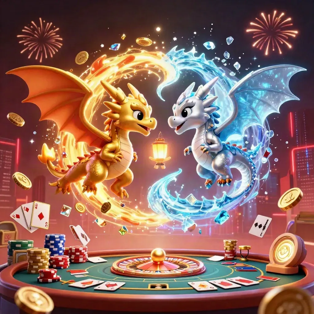 Gold and silver dragons swirl amid coins, chips, cards, a roulette wheel, and fireworks.