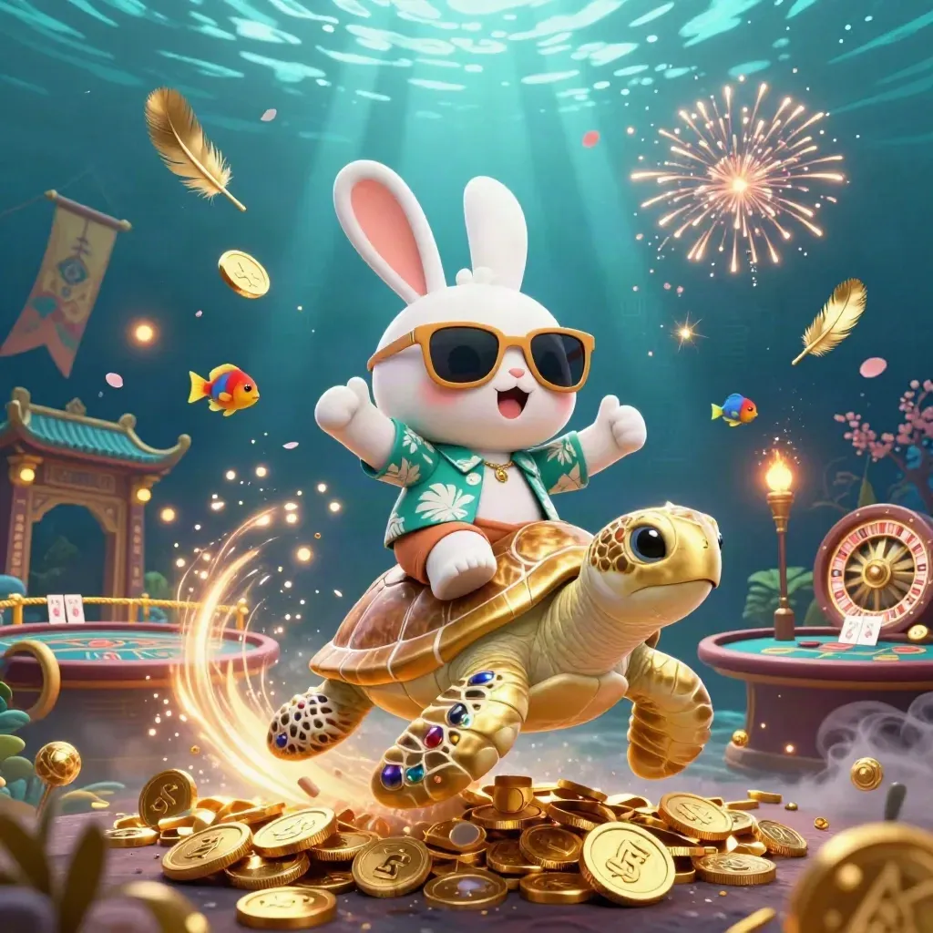 Lucky rabbit on a golden sea turtle amid coins, fireworks, casino props, and glowing underwater lights.