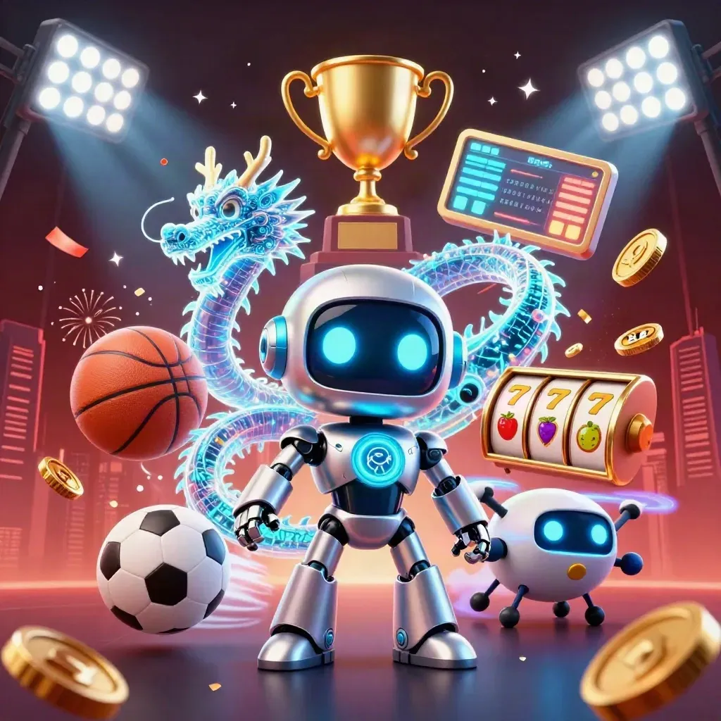 Robot, holographic dragon and coin drone amid casino sports chaos and gold sparks.