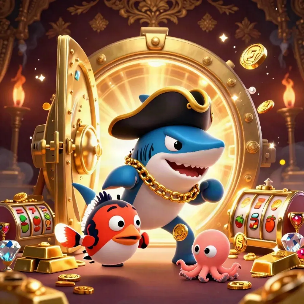 Pirate shark, boxing pufferfish, and coin-juggling octopus amid treasure and casino lights.