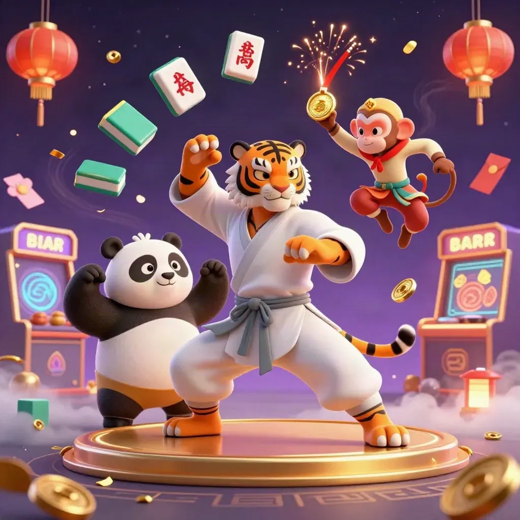 Tiger, panda, and monkey martial arts casino scene with reels, lanterns, and jade coins