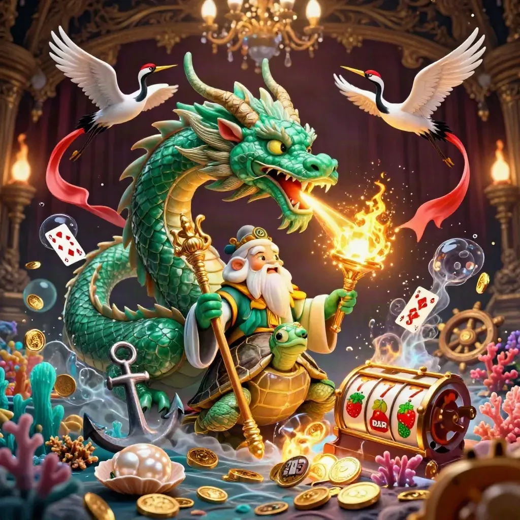 Jade dragon, turtle sage, and cranes amid treasure, reels, gold fire, and dark damask casino glow.