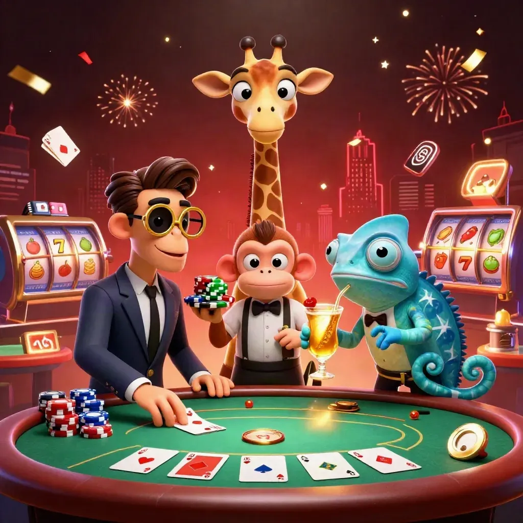 Giraffe, monkey, and chameleon casino heroes amid chips, cards, reels, and glowing effects.