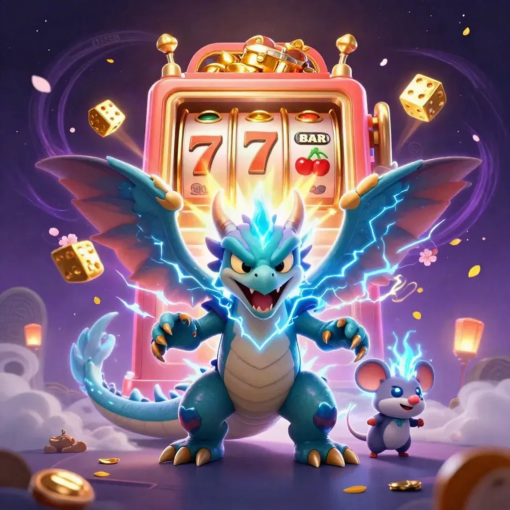 Thunder dragon, wind hawk, and static mouse amid slot reels, gold, lightning, and treasure.