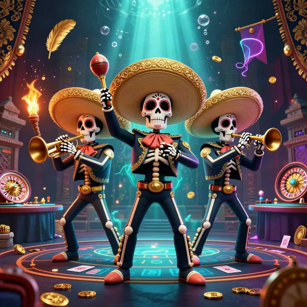 Skeleton mariachi trio amid casino gold, roulette, cards, and teal-cyan glow.